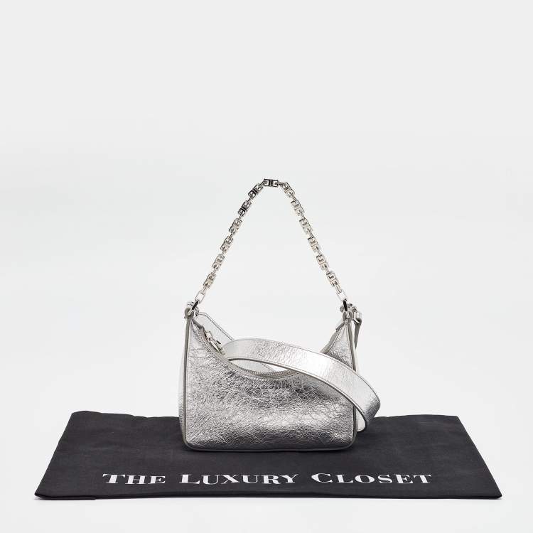 Pre Owned Givenchy Silver Crinkled Patent Leather Mini Moon Cutout Crossbody Bag
