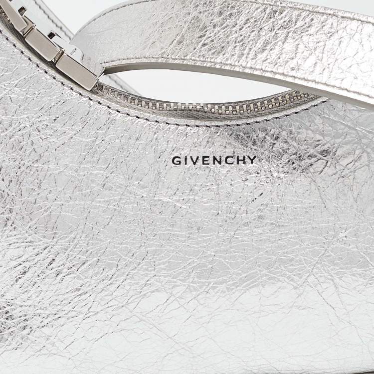 Pre Owned Givenchy Silver Crinkled Patent Leather Mini Moon Cutout Crossbody Bag