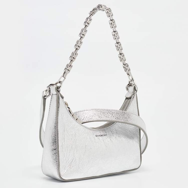 Pre Owned Givenchy Silver Crinkled Patent Leather Mini Moon Cutout Crossbody Bag