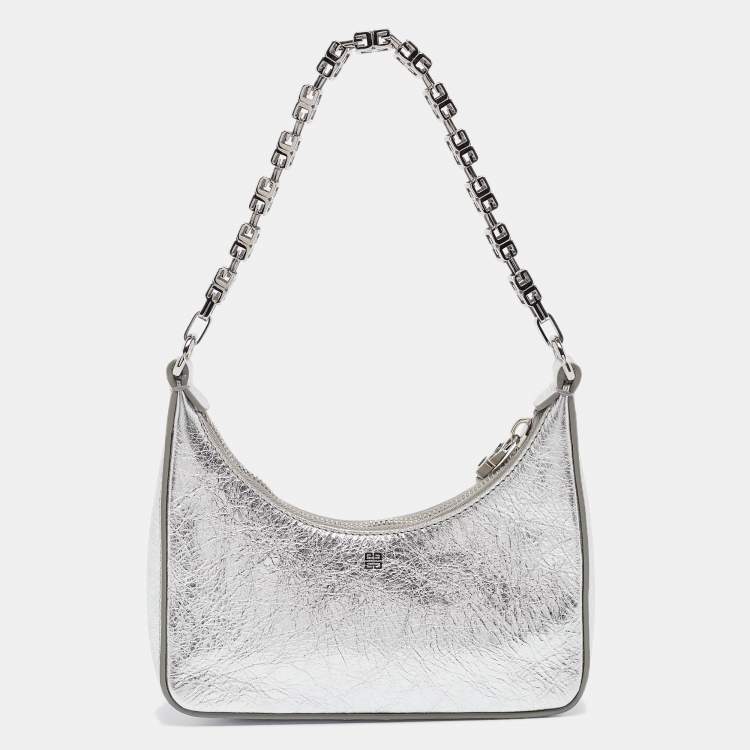 Pre Owned Givenchy Silver Crinkled Patent Leather Mini Moon Cutout Crossbody Bag