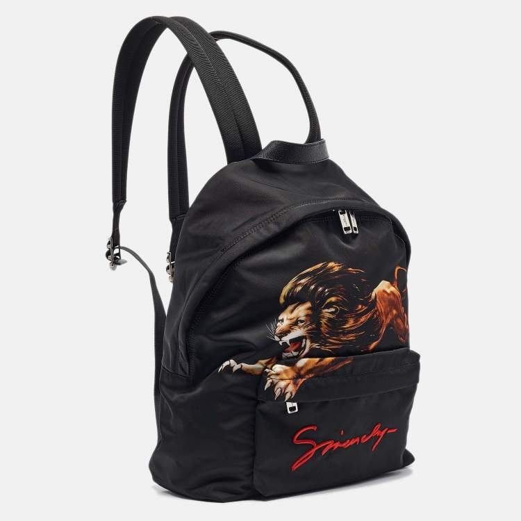 Pre Owned Givenchy Black Leather and Nylon Lion Print Backpack