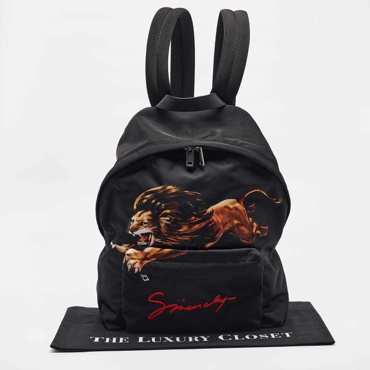 Pre Owned Givenchy Black Leather and Nylon Lion Print Backpack