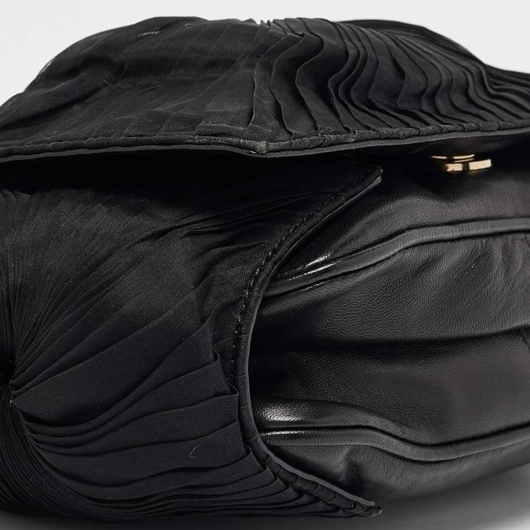 Pre Owned Givenchy Black Leather and Satin Pleated Floral Clutch