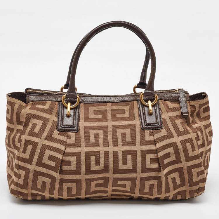 Pre Owned Givenchy Brown/Beige Monogram Canvas and Leather Double Zip Tote