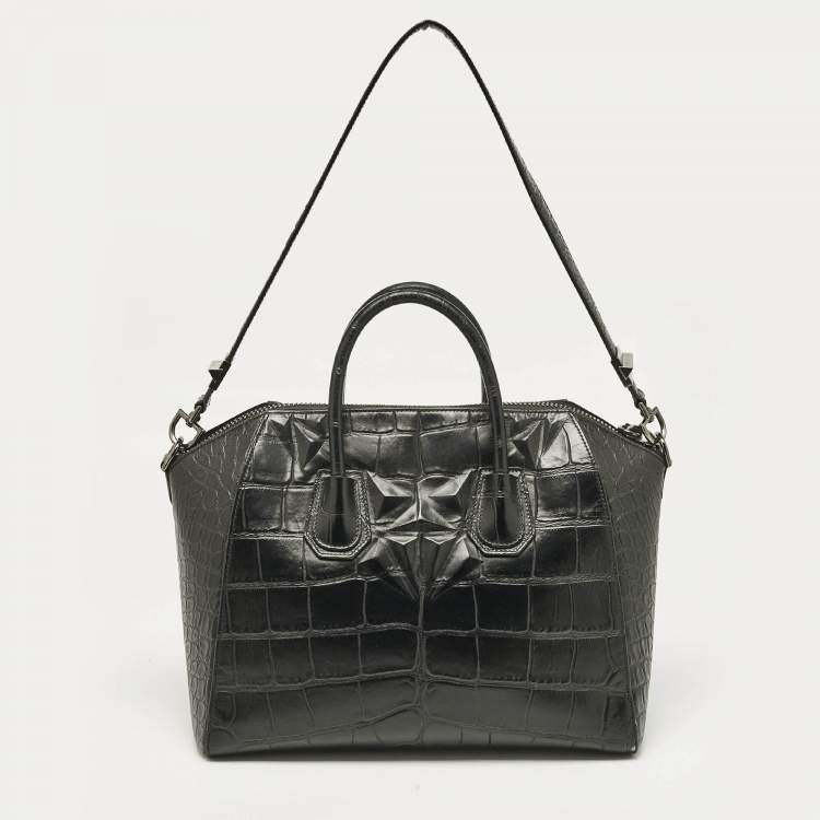 Pre Owned Givenchy Black Croc Embossed Leather Medium Antigona Satchel