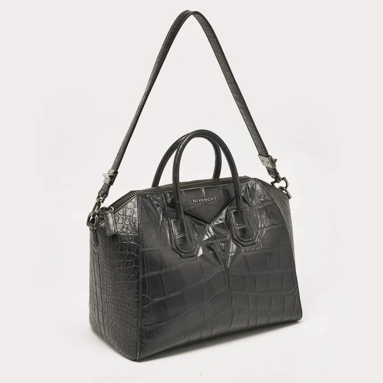 Pre Owned Givenchy Black Croc Embossed Leather Medium Antigona Satchel