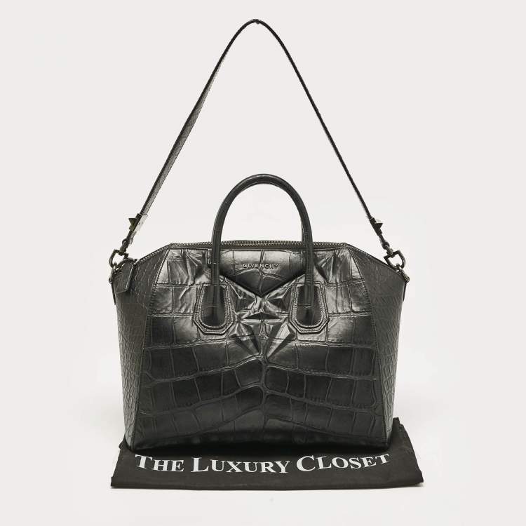 Pre Owned Givenchy Black Croc Embossed Leather Medium Antigona Satchel