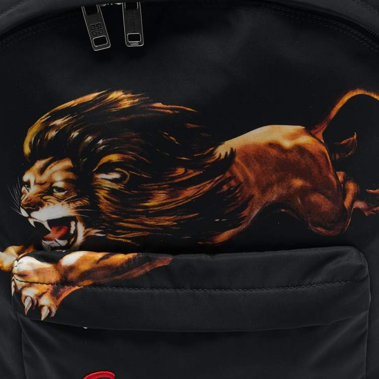 Pre Owned Givenchy Black Leather and Nylon Lion Print Backpack