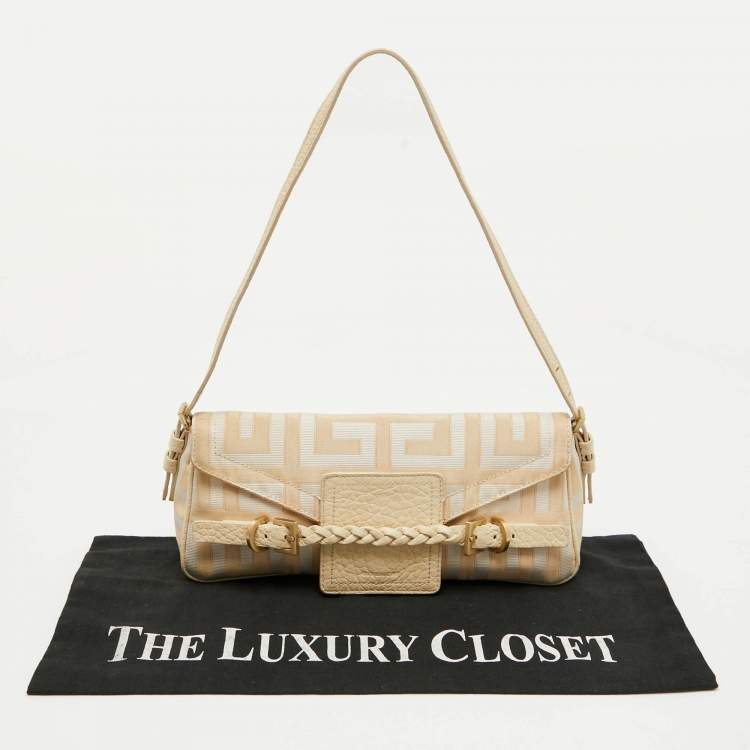 Pre Owned Givenchy Cream/Beige Monogram Canvas and Leather Flap Baguette Bag