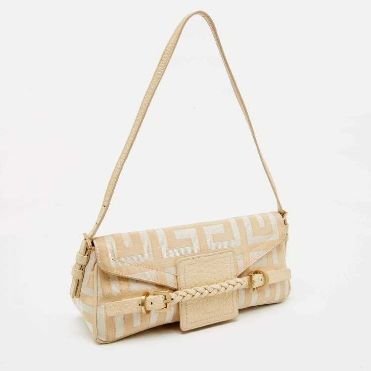 Pre Owned Givenchy Cream/Beige Monogram Canvas and Leather Flap Baguette Bag