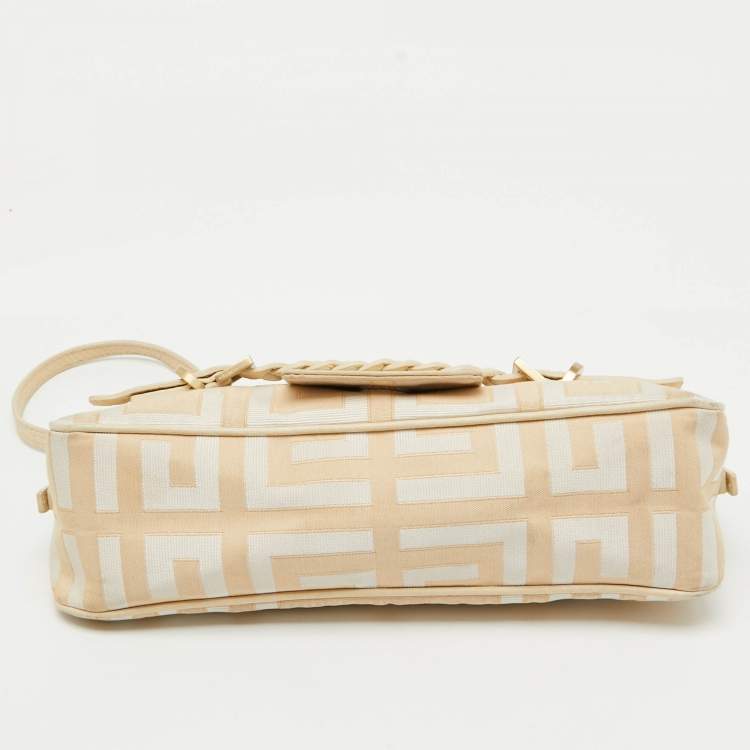 Pre Owned Givenchy Cream/Beige Monogram Canvas and Leather Flap Baguette Bag