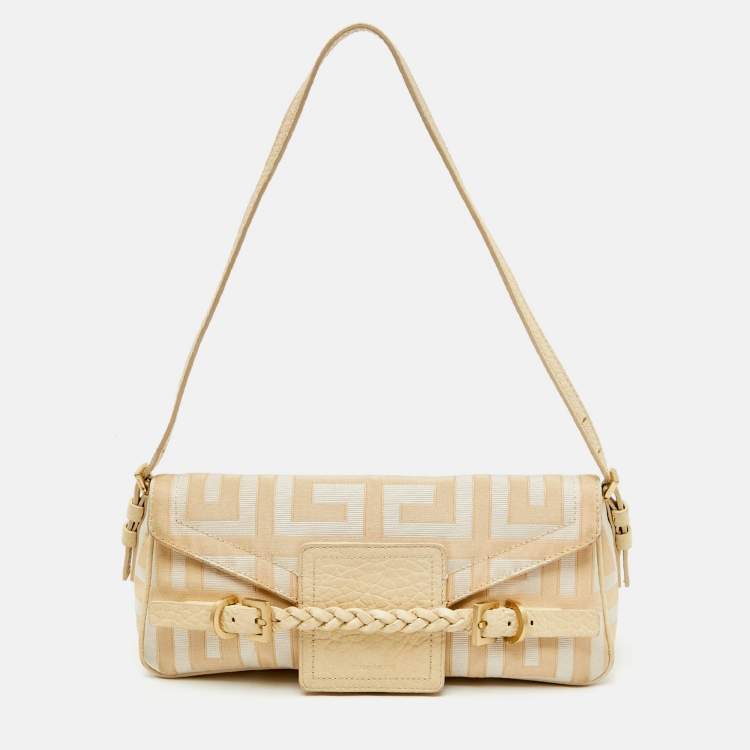 Pre Owned Givenchy Cream/Beige Monogram Canvas and Leather Flap Baguette Bag