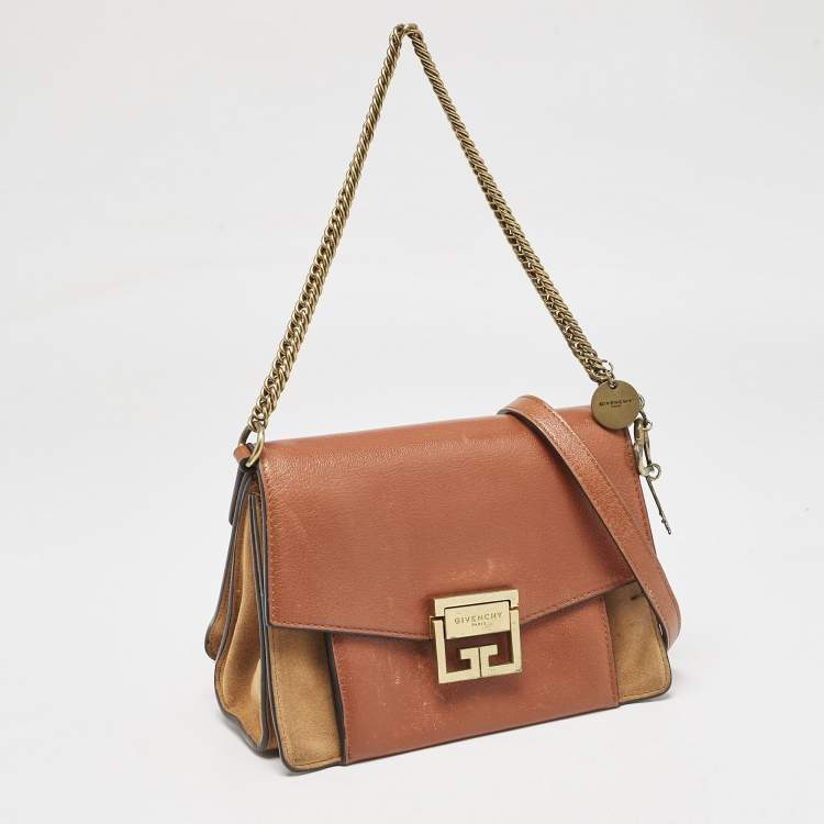 Pre Owned Givenchy Brown/Orange Leather and Suede Small GV3 Shoulder Bag