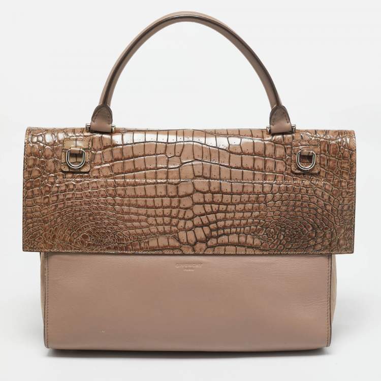 Pre Owned Givenchy Brown/Taupe Croc Embossed Leather and Suede Shark Lock Top Handle Bag