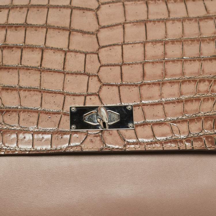 Pre Owned Givenchy Brown/Taupe Croc Embossed Leather and Suede Shark Lock Top Handle Bag