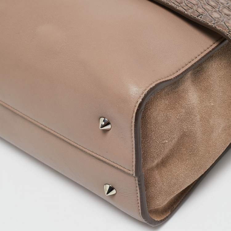 Pre Owned Givenchy Brown/Taupe Croc Embossed Leather and Suede Shark Lock Top Handle Bag