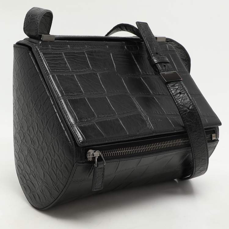 Pre Owned Givenchy Black Croc Embossed Leather Pandora Shoulder Bag