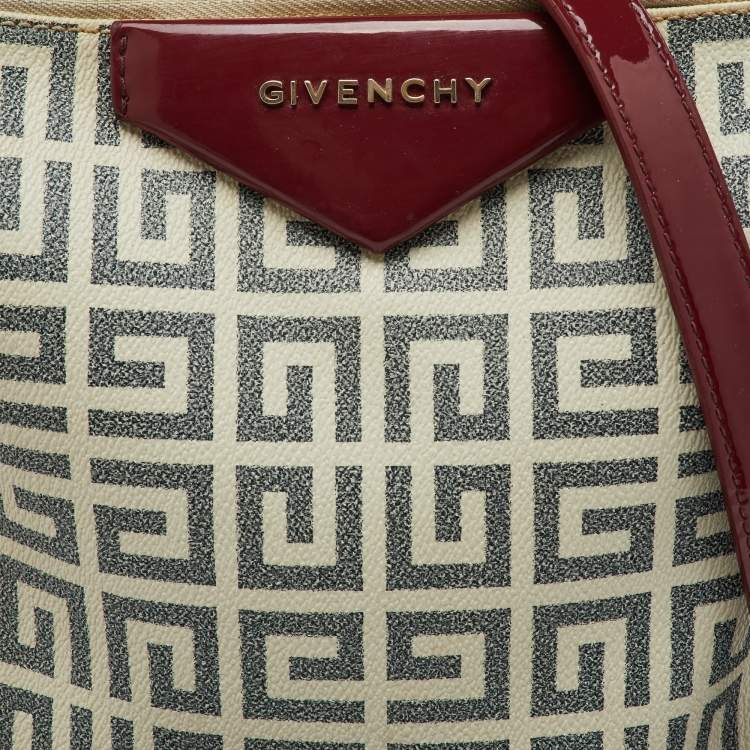 Pre Owned Givenchy White/Burgundy Signature Coated Canvas & Patent Leather Crossbody Bag