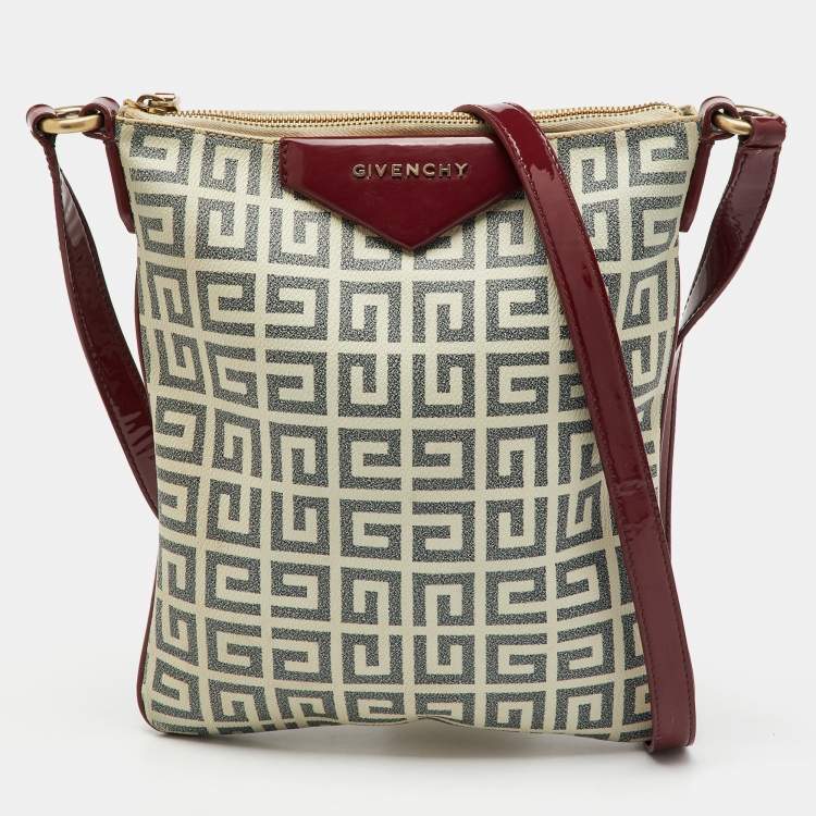 Pre Owned Givenchy White/Burgundy Signature Coated Canvas & Patent Leather Crossbody Bag