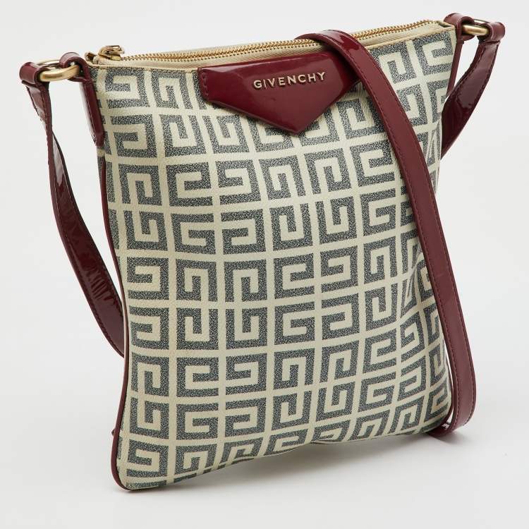 Pre Owned Givenchy White/Burgundy Signature Coated Canvas & Patent Leather Crossbody Bag