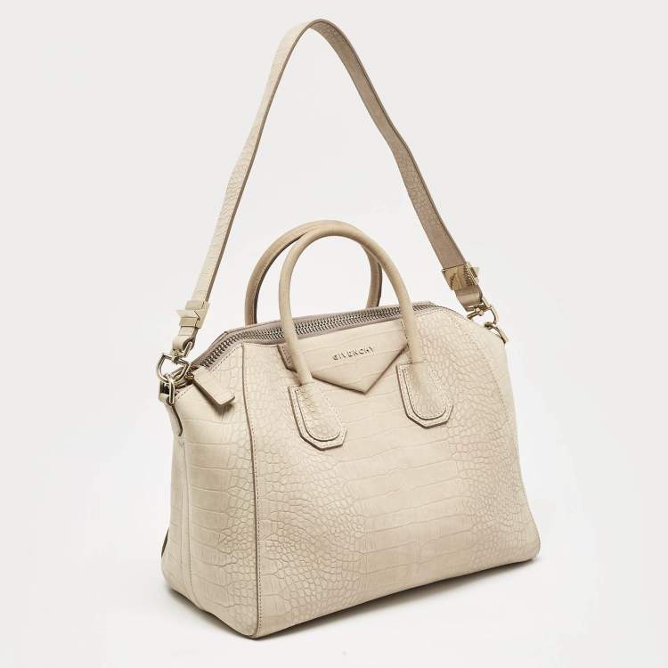 Pre Owned Givenchy Light Beige Croc Embossed Suede Medium Antigona Satchel
