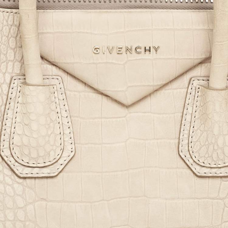 Pre Owned Givenchy Light Beige Croc Embossed Suede Medium Antigona Satchel