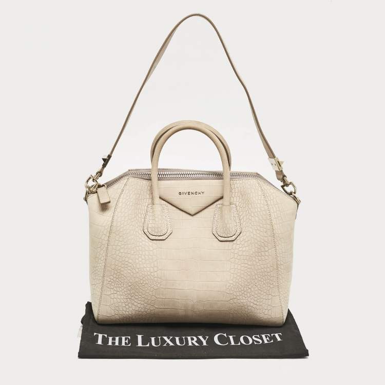 Pre Owned Givenchy Light Beige Croc Embossed Suede Medium Antigona Satchel