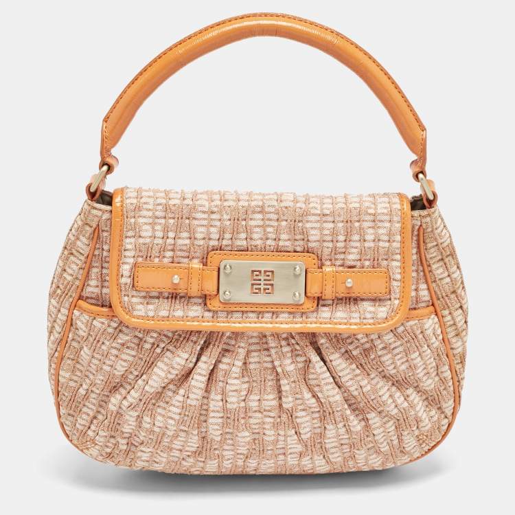 Pre Owned Givenchy Orange Logo Jacquard Fabric and Patent Leather Hobo