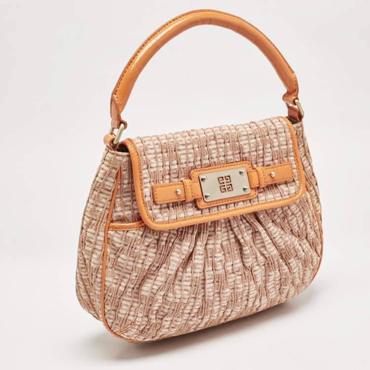 Pre Owned Givenchy Orange Logo Jacquard Fabric and Patent Leather Hobo