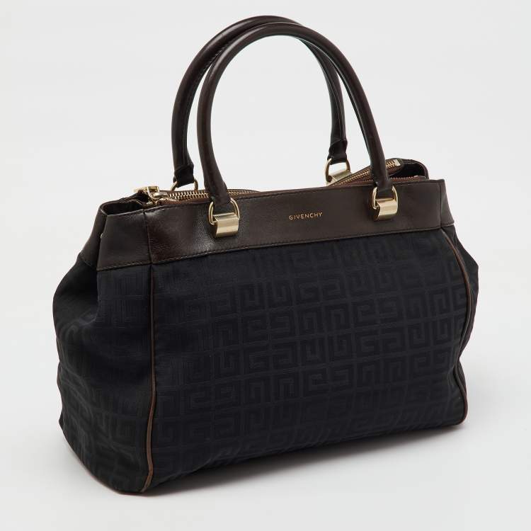 Pre Owned Givenchy Black/Dark Brown Signature Canvas and Leather Double Zip Tote