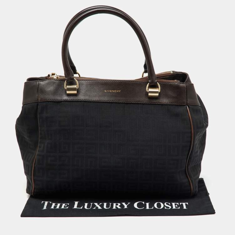 Pre Owned Givenchy Black/Dark Brown Signature Canvas and Leather Double Zip Tote
