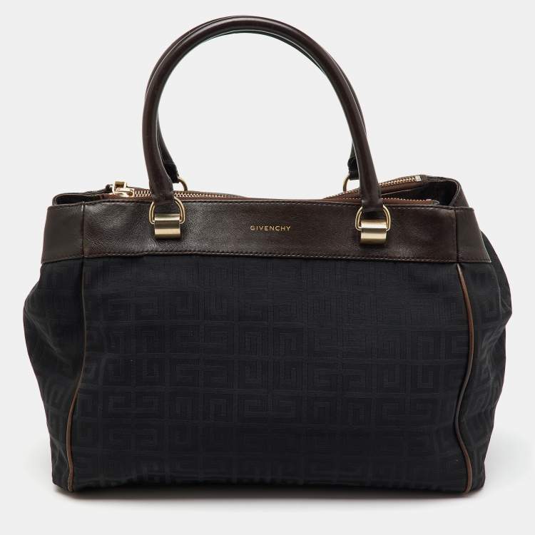 Pre Owned Givenchy Black/Dark Brown Signature Canvas and Leather Double Zip Tote