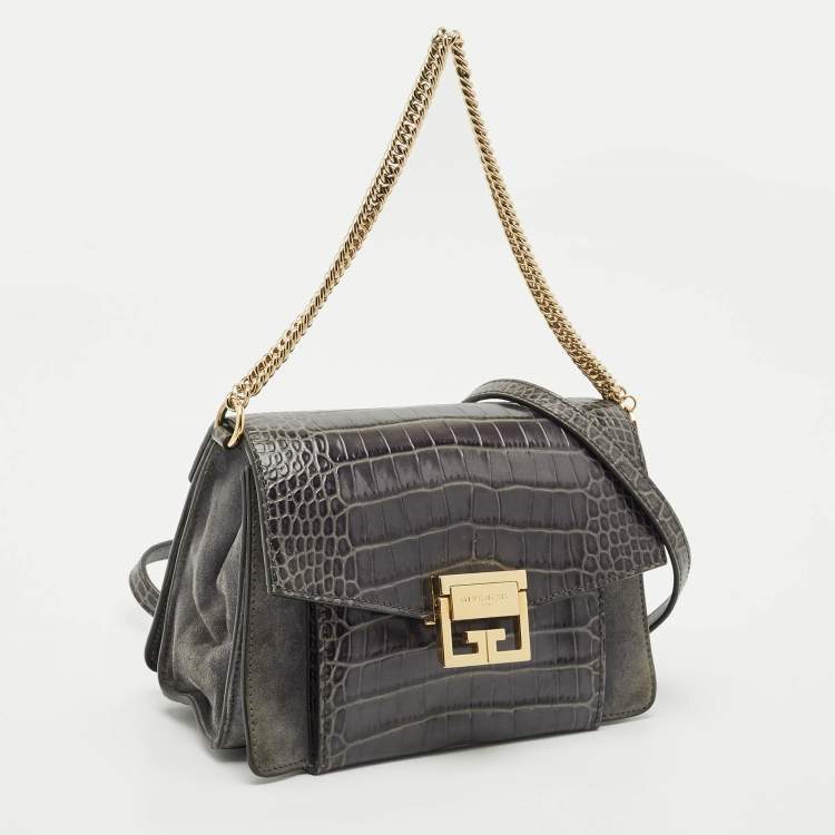 Pre Owned Givenchy Grey Croc Embossed Leather and Suede Small GV3 Shoulder Bag