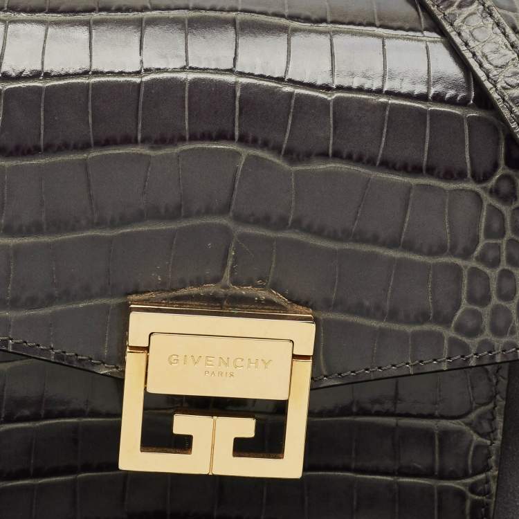 Pre Owned Givenchy Grey Croc Embossed Leather and Suede Small GV3 Shoulder Bag