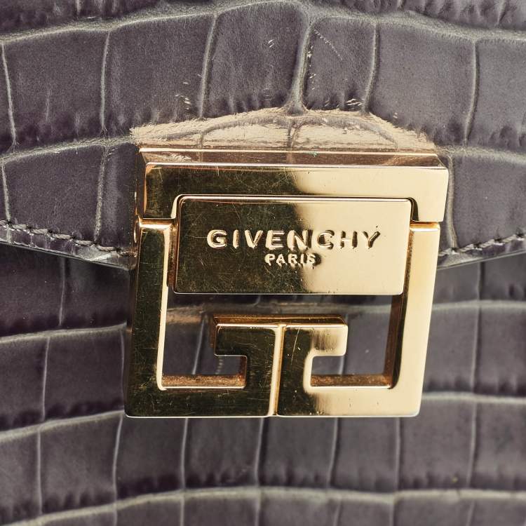 Pre Owned Givenchy Grey Croc Embossed Leather and Suede Small GV3 Shoulder Bag