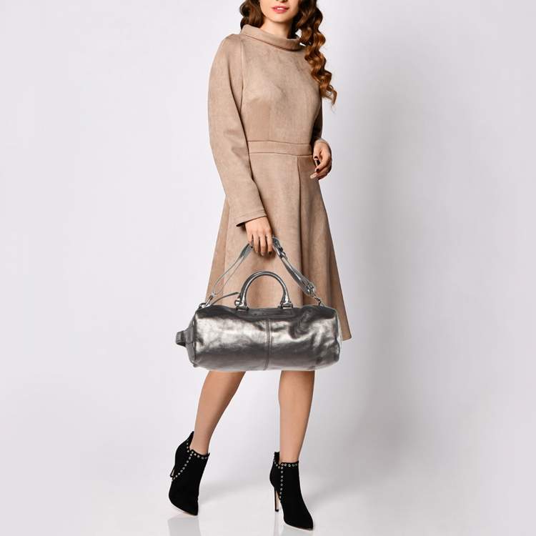 Pre Owned Givenchy Metallic Dark Grey Leather Zip Duffle Bag