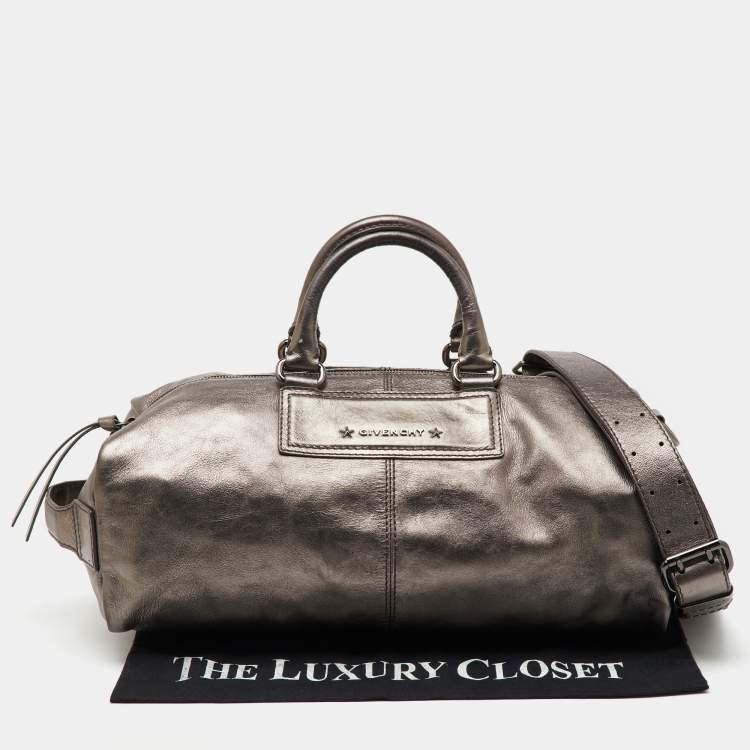 Pre Owned Givenchy Metallic Dark Grey Leather Zip Duffle Bag