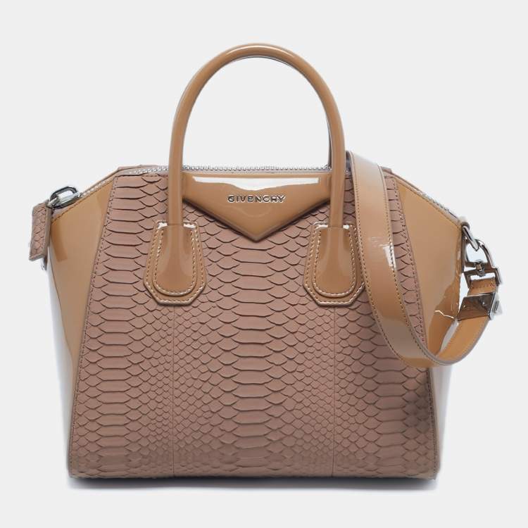Pre Owned Givenchy Two Tone Beige Python and Patent Leather Small Antigona Satchel