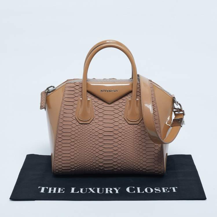 Pre Owned Givenchy Two Tone Beige Python and Patent Leather Small Antigona Satchel
