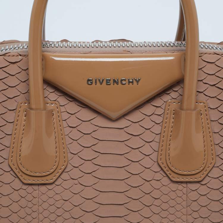 Pre Owned Givenchy Two Tone Beige Python and Patent Leather Small Antigona Satchel