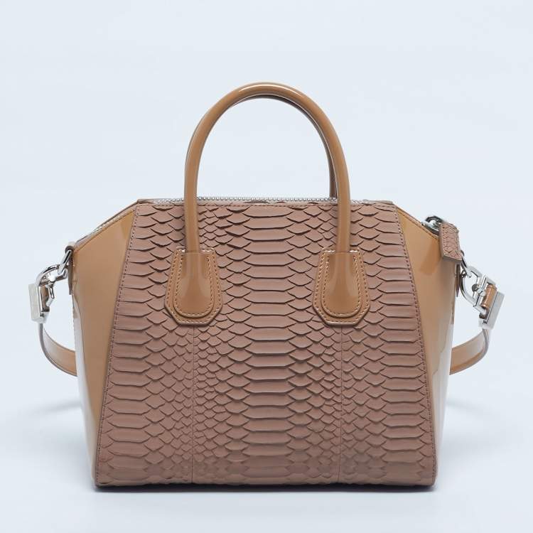 Pre Owned Givenchy Two Tone Beige Python and Patent Leather Small Antigona Satchel