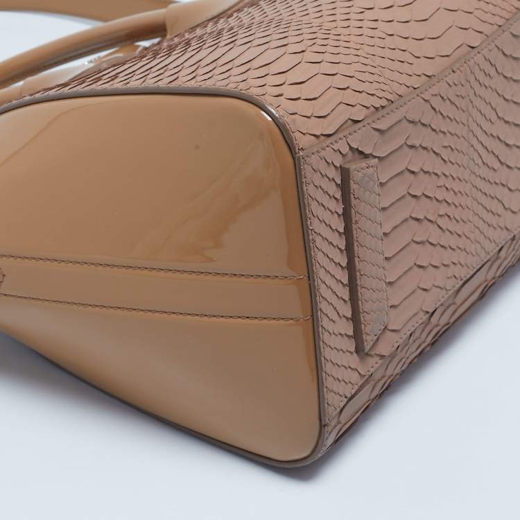 Pre Owned Givenchy Two Tone Beige Python and Patent Leather Small Antigona Satchel