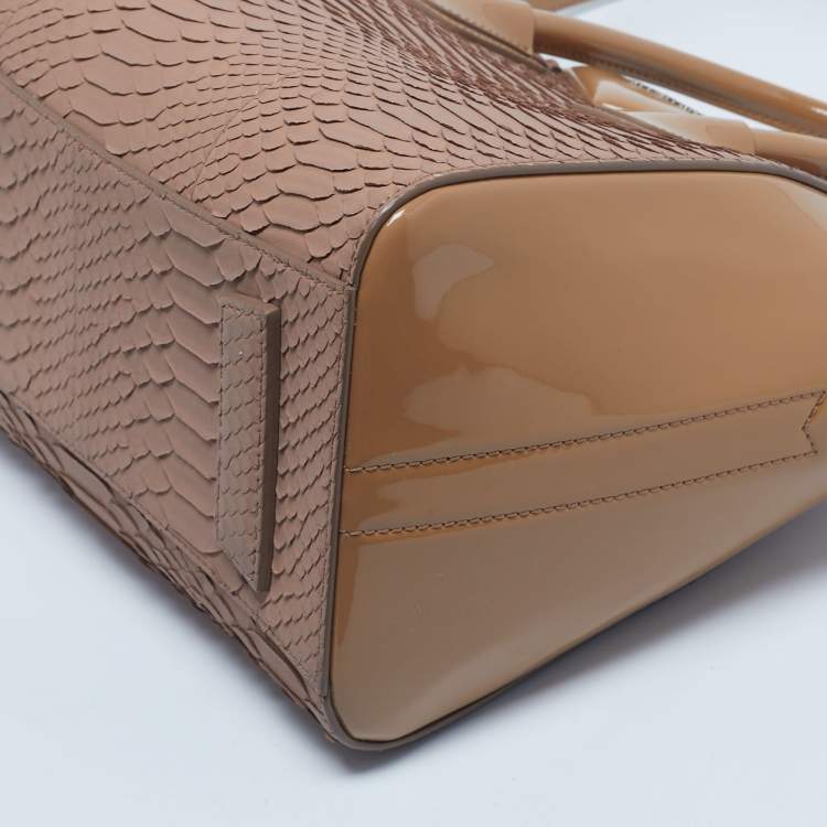 Pre Owned Givenchy Two Tone Beige Python and Patent Leather Small Antigona Satchel