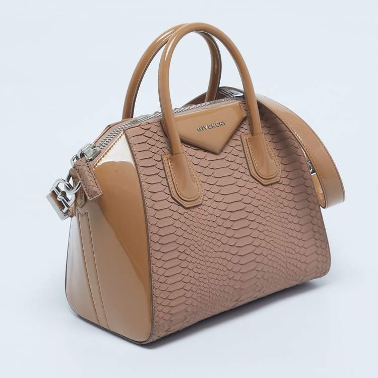 Pre Owned Givenchy Two Tone Beige Python and Patent Leather Small Antigona Satchel