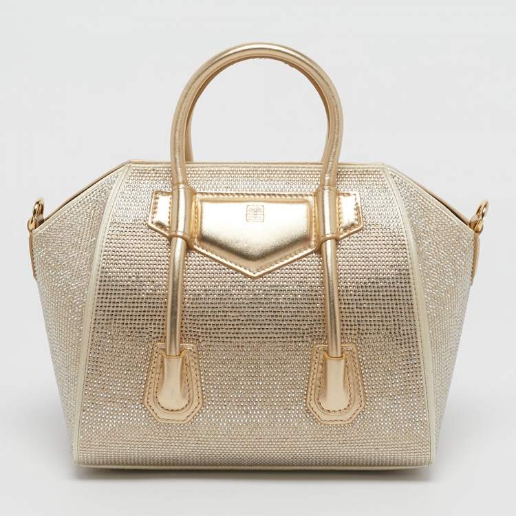 Pre Owned Givenchy Gold Crystal Embellished Satin and Leather Mini Antigona Lock Tote
