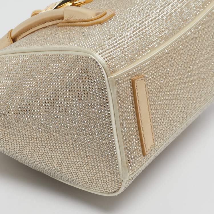 Pre Owned Givenchy Gold Crystal Embellished Satin and Leather Mini Antigona Lock Tote