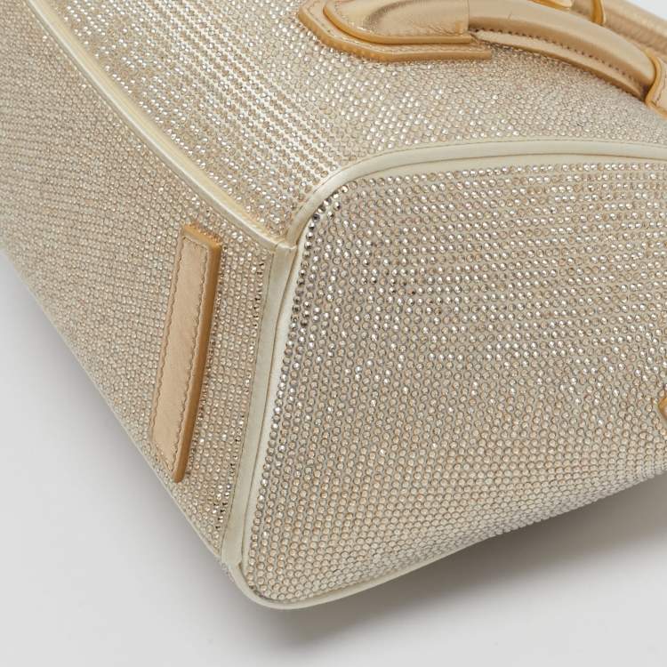 Pre Owned Givenchy Gold Crystal Embellished Satin and Leather Mini Antigona Lock Tote