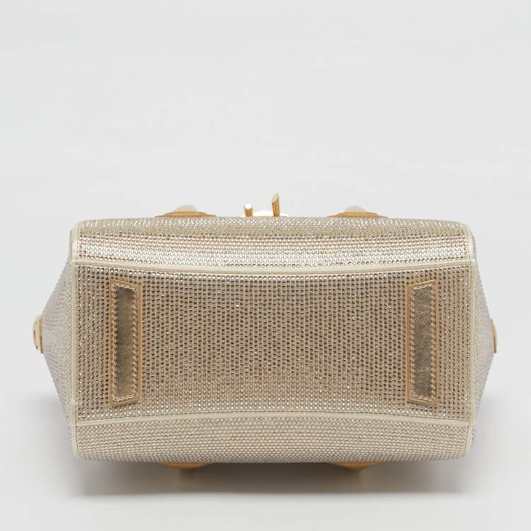 Pre Owned Givenchy Gold Crystal Embellished Satin and Leather Mini Antigona Lock Tote