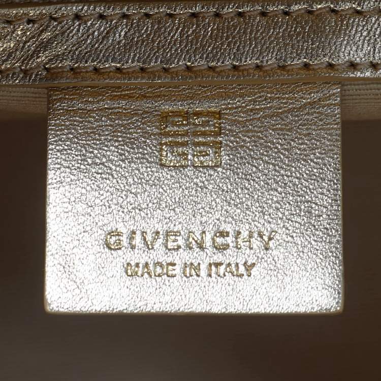 Pre Owned Givenchy Gold Crystal Embellished Satin and Leather Mini Antigona Lock Tote