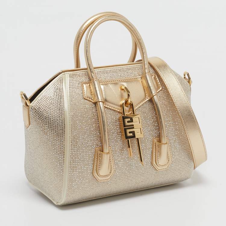 Pre Owned Givenchy Gold Crystal Embellished Satin and Leather Mini Antigona Lock Tote